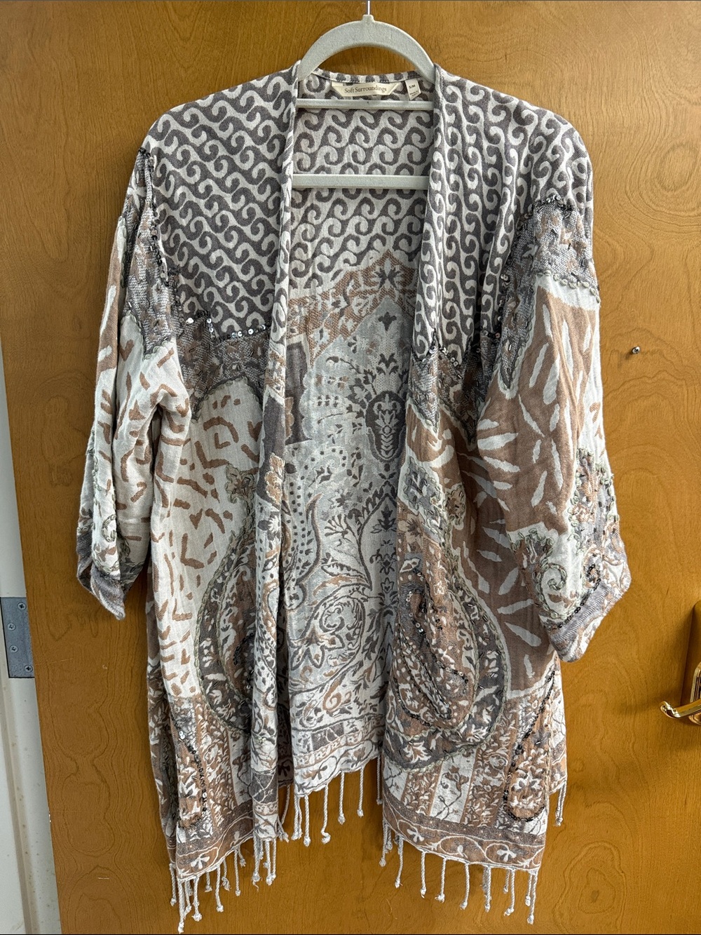Soft Surroundings Neutral Paisley Fringe Kimono Jacket